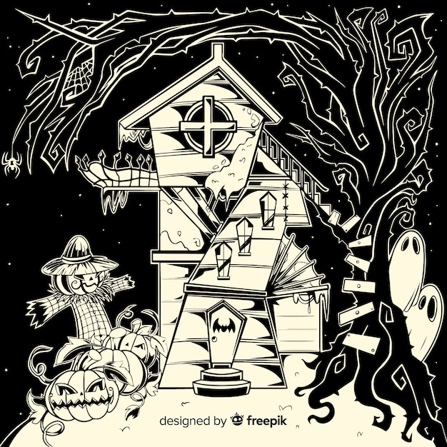 Creepy hand drawn halloween haunted house