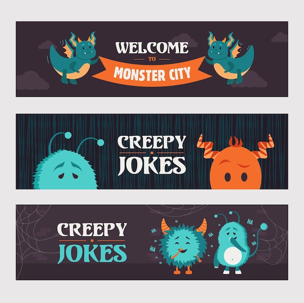 Жуткие шутки, баннеры для вечеринок. симпатичные монстры и существа на темном фоне. хэллоуин и концепция праздника. шаблон для плаката, продвижения или веб-дизайна
