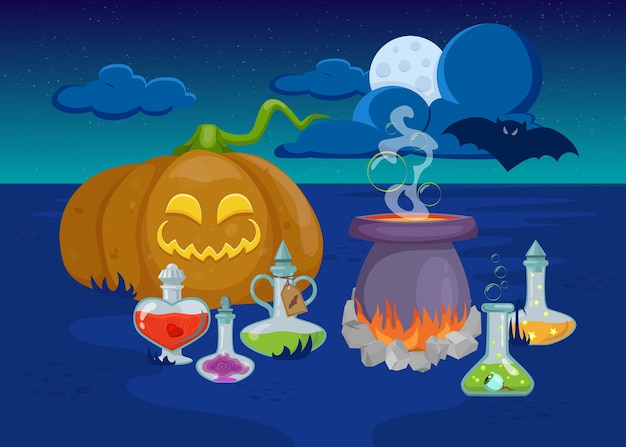 Creepy pumpkin, cauldron, bottles with potion, bat and halloween decoration.