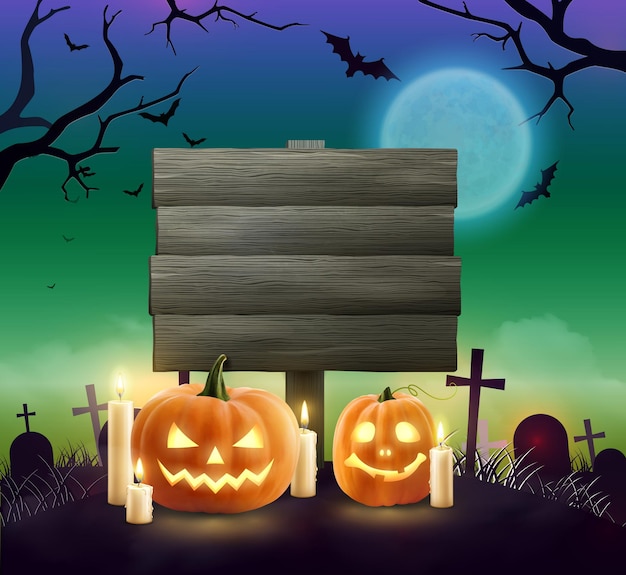 Vettore gratuito striscione in legno di halloween realistico raccapricciante con campo di testo due zucche di lanterna di jack o e candele accese sul cimitero