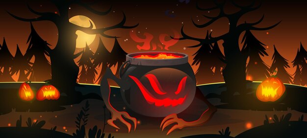 Creepy witch cauldron with magic potion in night forest Halloween background. Wizard pot with brew under full moon in dark wood with pumpkin lanterns spooky game scene, Cartoon vector illustration