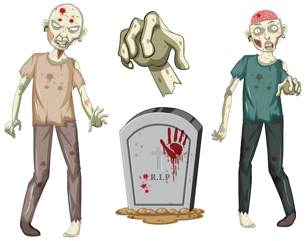 Free vector creepy zombie character and gravestone on white background