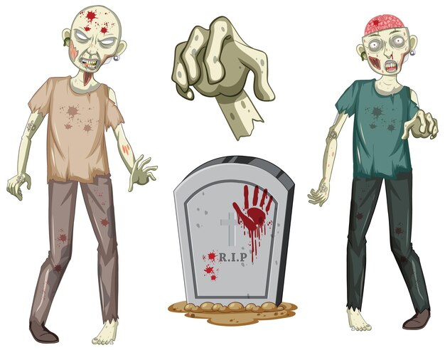 Creepy zombie character and gravestone on white background