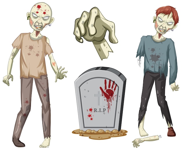 Free vector creepy zombie character and gravestone on white background