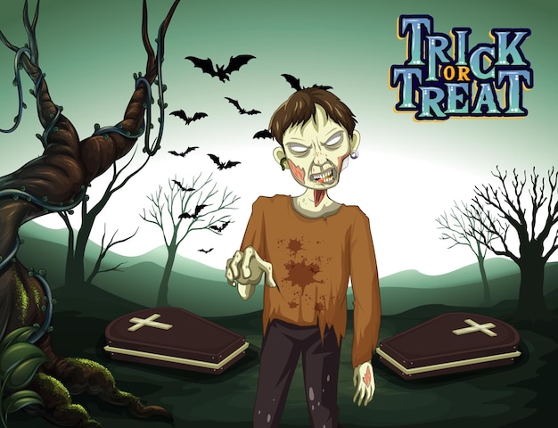 Бесплатное векторное изображение Жуткий зомби на фоне лесного кладбища