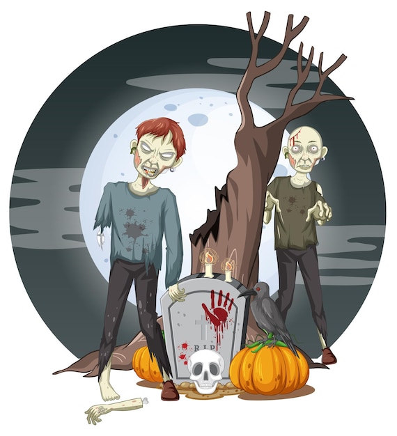 Free vector creepy zombies on full moon background