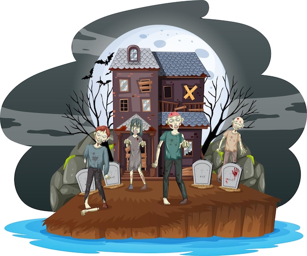 Free vector creepy zombies at graveyard