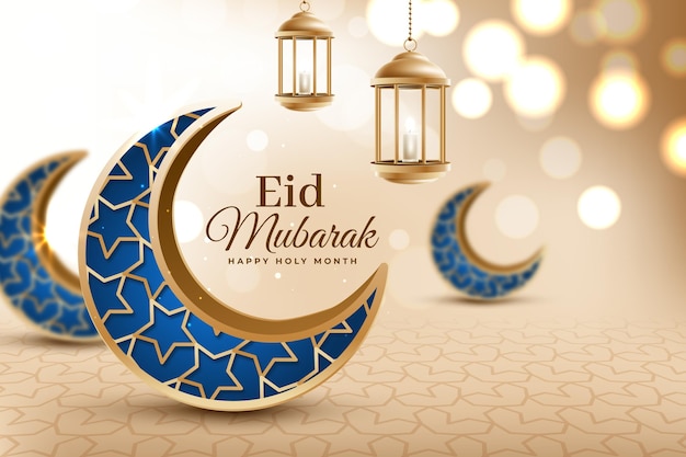 Free vector crescent blue moons realistic eid mubarak
