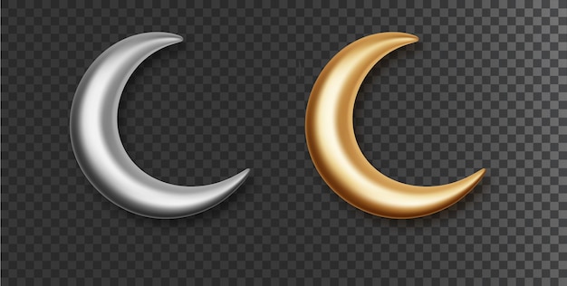 Free vector crescent isolated thin month 3d golden and silver decorative vector elements isolated on transparent background realistic islamic symbol crescent moon set