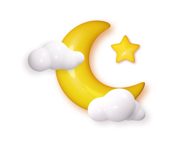 Crescent moon stars glossy yellow and white glossy clouds d style isolated realistic half moon moon