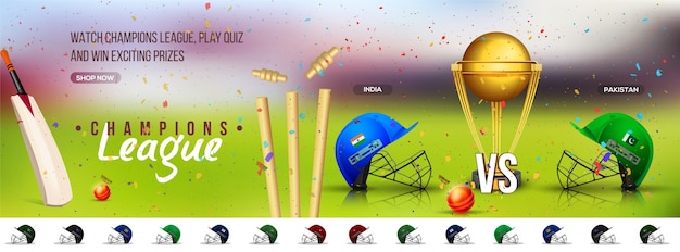 Cricket champions league social media banner design with participant countries batsman helmets and golden trophy.