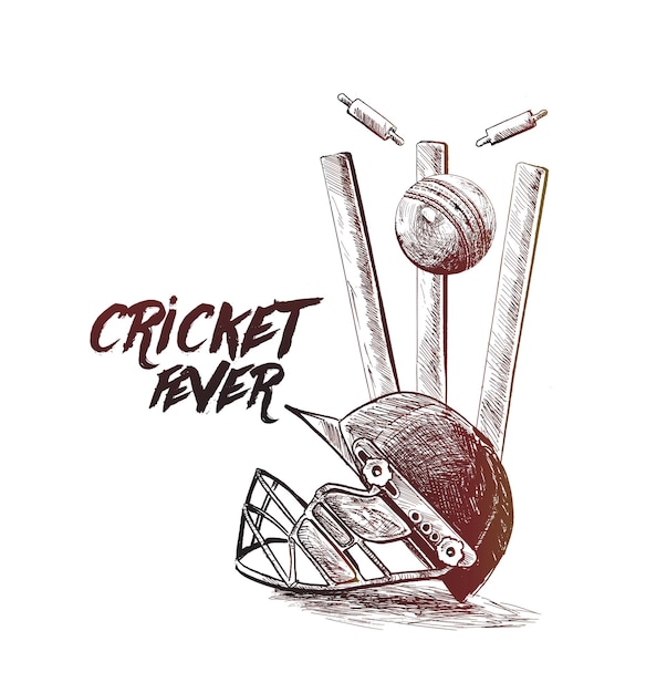 Cricket Championship with Ball Wicket with Helmet in Cricket Stadium Freehand Sketch Graphic Design Vector illustration