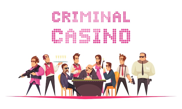 Vettore gratuito casinò criminale con personaggi umani in stile testo e cartoni animati con membri della banda mafiosa della mafia