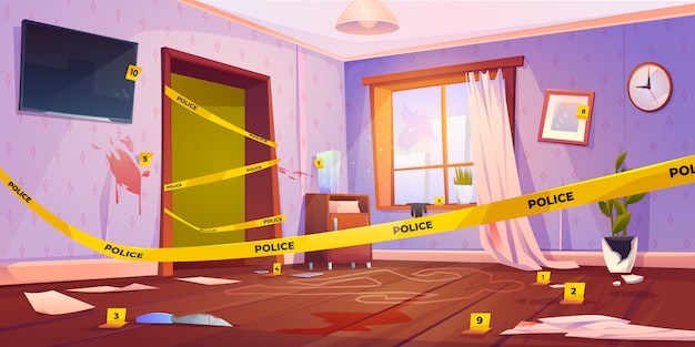 Бесплатное векторное изображение Место преступления, место убийства с желтой полицейской лентой