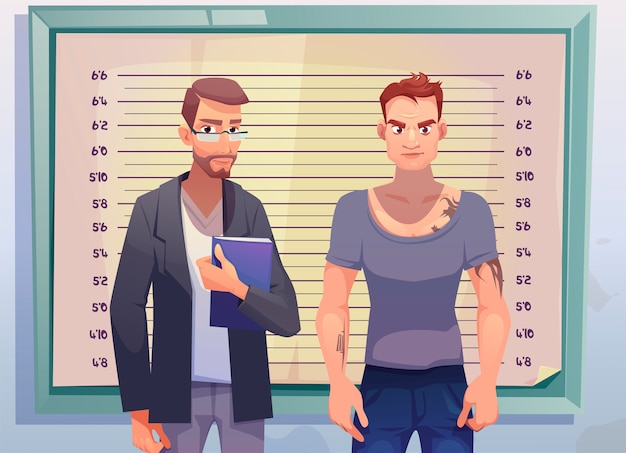 Criminal and lawyer on measuring height scale