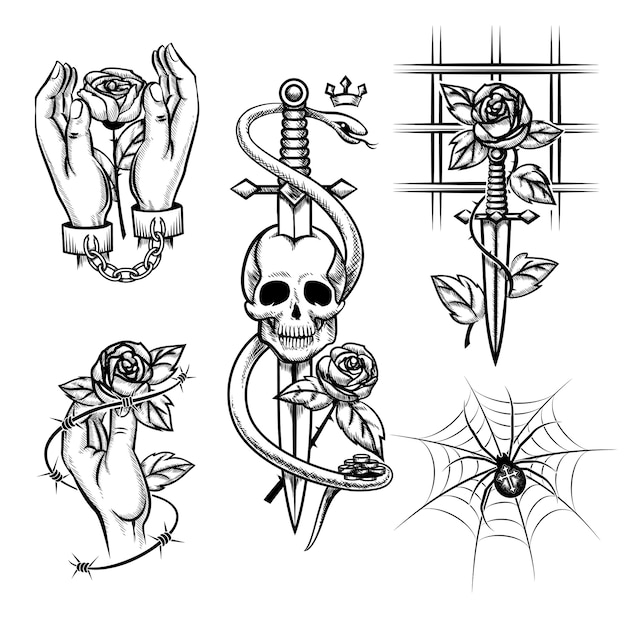 Criminal tattoo. Rose in the hands of a knife behind bars, spider and skull. Handcuffed and cage, wire and metal chain. Vector illustration