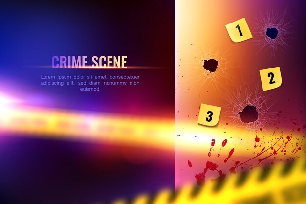 Criminalistic detective composition of realistic bloody spots and numbered bullet holes on blurry surface with text