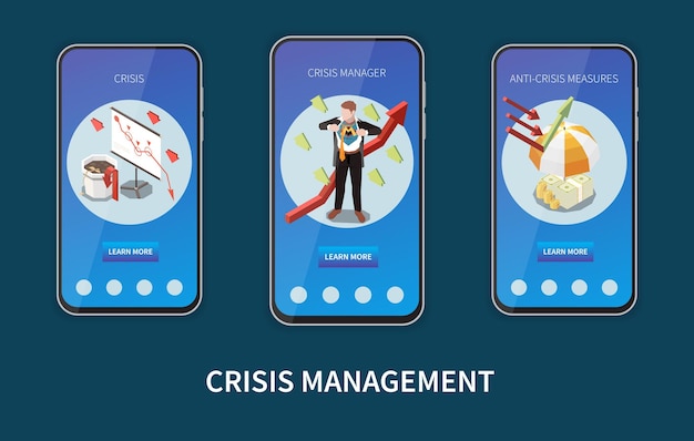 Crisis management isometric set with business and financial mobile app templates isolated vector illustration