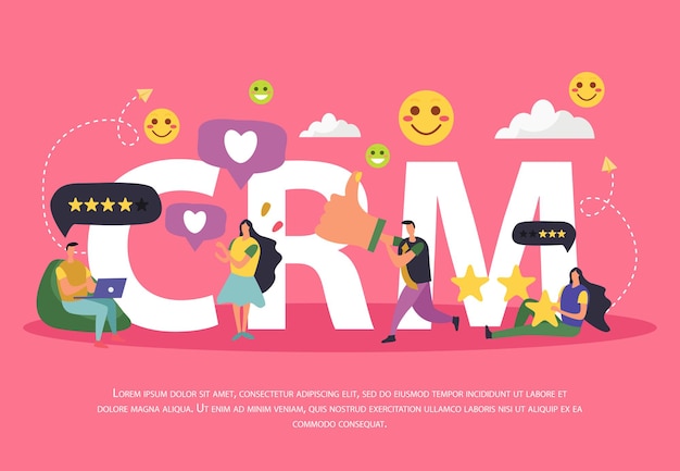 CRM customer relationship management composition of cartoon human characters.