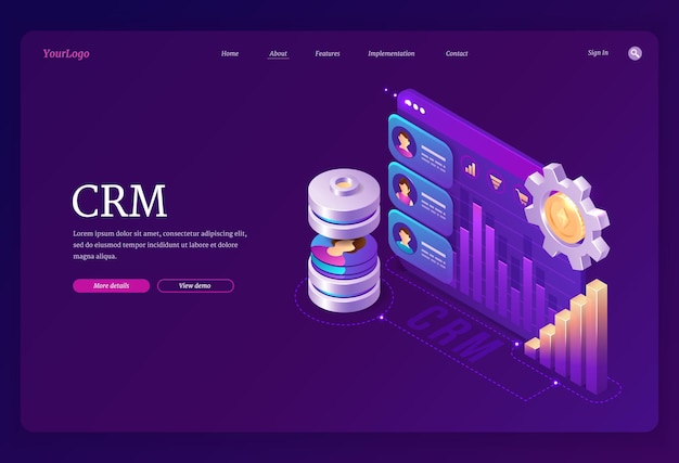 Free vector crm, customer relationship management isometric landing page. marketing strategies and technologies for manage and development client interactions, device screen with graphs, 3d vector with web banner
