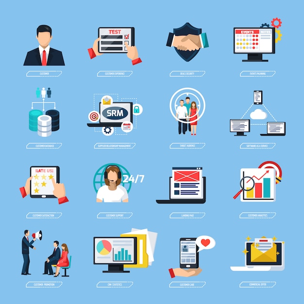 Crm system flat icons set