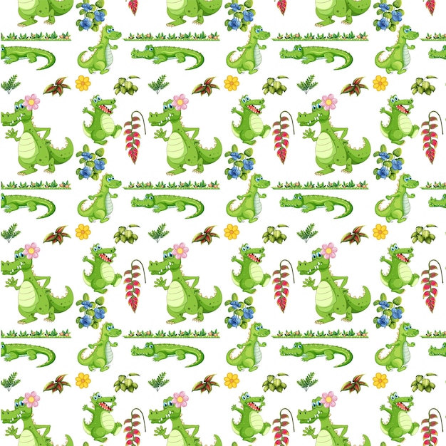 Бесплатное векторное изображение Крокодил с бесшовным рисунком листьев