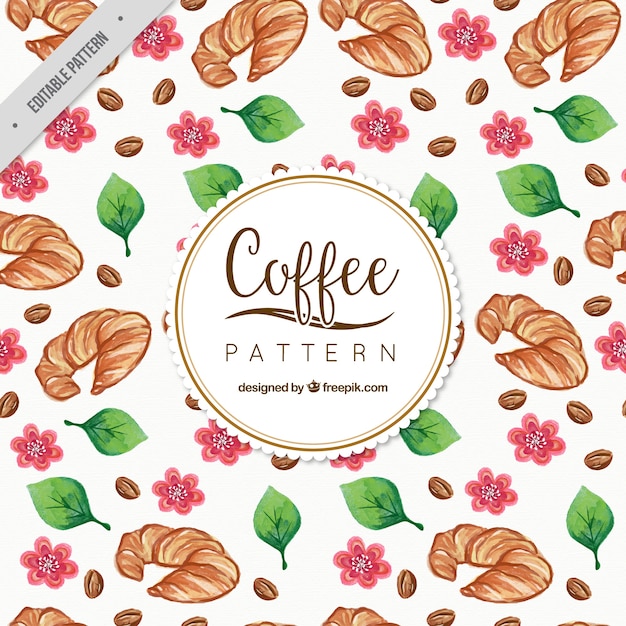 Free vector croissant pattern with leaves and watercolor flowers