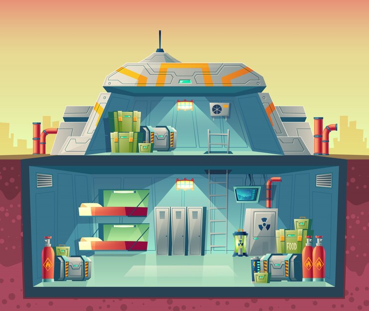 Free Vector cross section of nuclear shelter, interior of fortified bunker.