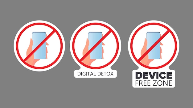 Crossed out hand icon with a phone. the concept of banning devices, device free zone, digital detox. blank for sticker. isolated. vector.