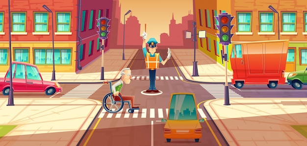 Бесплатное векторное изображение Пересечение охранника, регулирующее движение транспорта, городские перекрестки с пешеходом