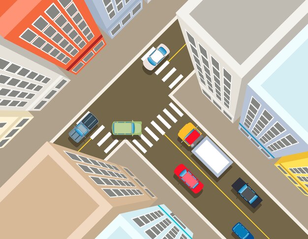 街の交差点、上面図。輸送車、都市とアスファルト、交通と建物のイラスト