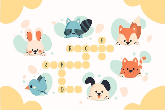 Free vector crossword in english with cute animals