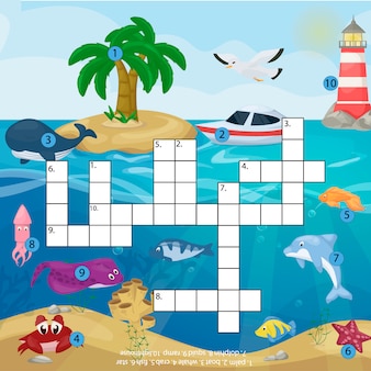 바다 수중 바다 물고기와 동물 논리 워크 시트 다채로운 인쇄 그림의 크로스 워드 퍼즐 아이 잡지 책 퍼즐 게임.
