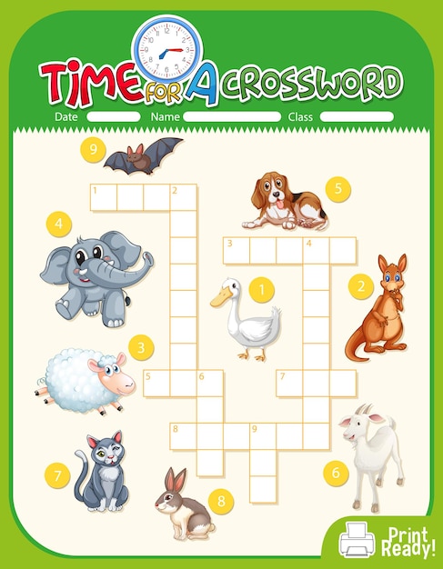 Free vector crossword puzzle game template about animals