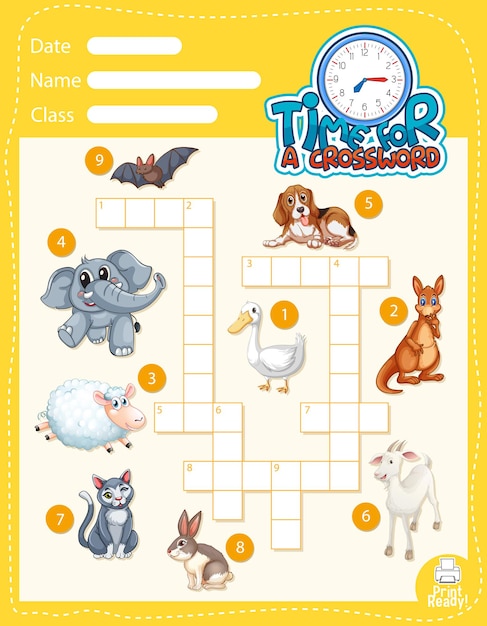 Free vector crossword puzzle game template about animals