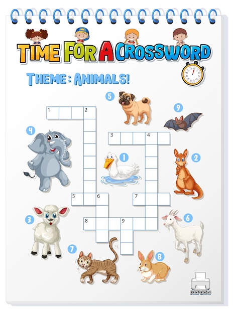 Free vector crossword puzzle game template about animals