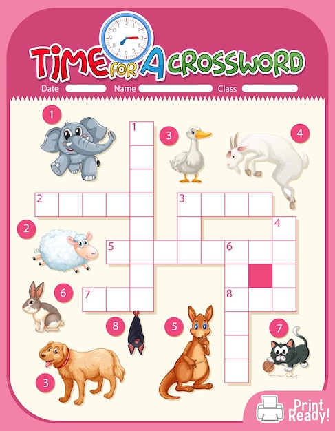 Free vector crossword puzzle game template about animals