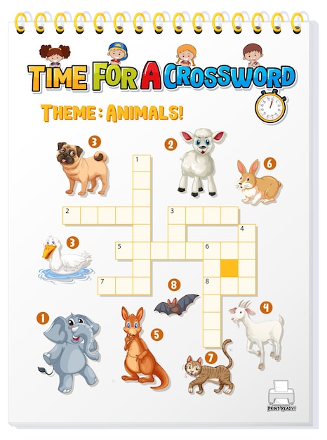 Free vector crossword puzzle game template about animals