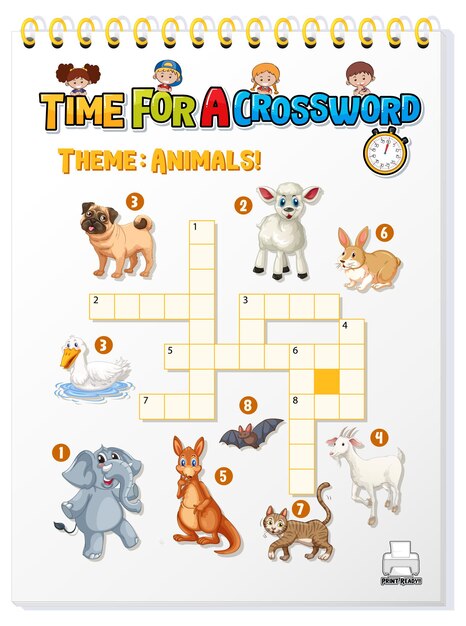 Crossword puzzle game template about animals