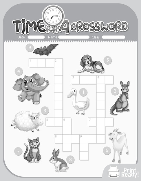 Crossword puzzle game template about animals