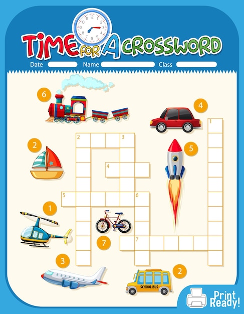 Free vector crossword puzzle game template about transportation