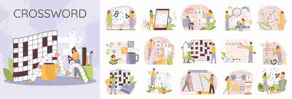 Free vector crossword sudoku flat composition with papers coffee cup pens pencils and text with set of icons vector illustration