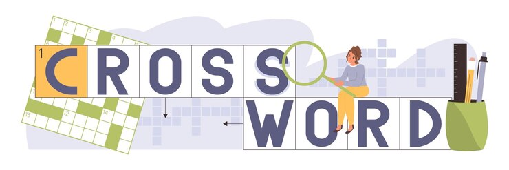 Free Vector crossword sudoku flat text composition with female character sitting on cells with letters lens and pens vector illustration