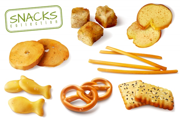 Croutons crackers pretzels biscuits crispy bread sticks realistic baked snacks appetizing closeup s collection isolated 