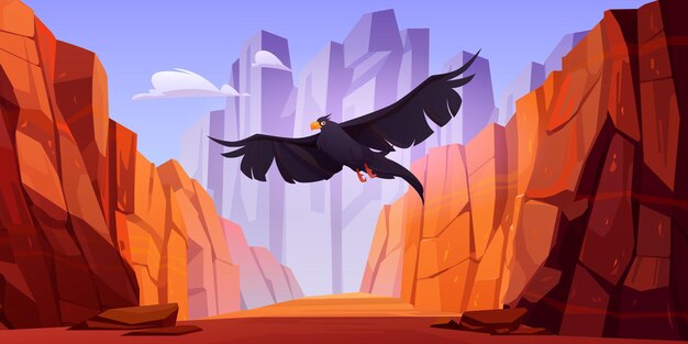 Crow fly in canyon with red mountains vector cartoon landscape of gorge with stone cliffs and rocks ...