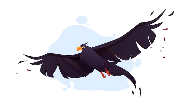 Crow with black wings fly in blue sky