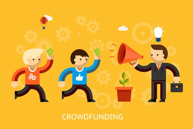Crowd funding concept with a businessman with a bright idea advertising over a megaphone and people with money running to invest   vector illustration