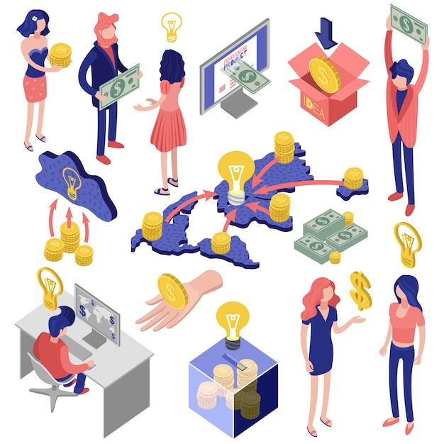 Free vector crowd funding isometric set