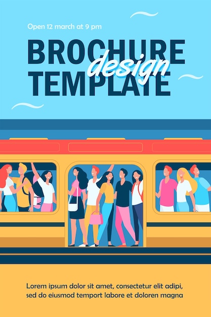 Crowd of happy people travelling by subway train flyer
template