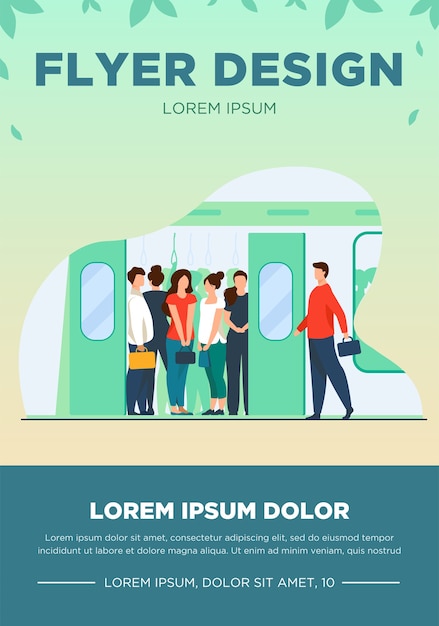 Бесплатное векторное изображение Толпа пассажиров, путешествующих на поезде метро. пассажиры метро стоят в переполненном вагоне метро. векторная иллюстрация для общественного транспорта, поездок на работу, концепции часа пик